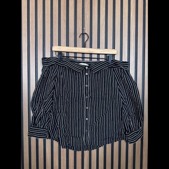 Veronica Beard Top 6 / S Womens Black Off Shoulder Striped Button Linen Blend - Picture 1 of 8